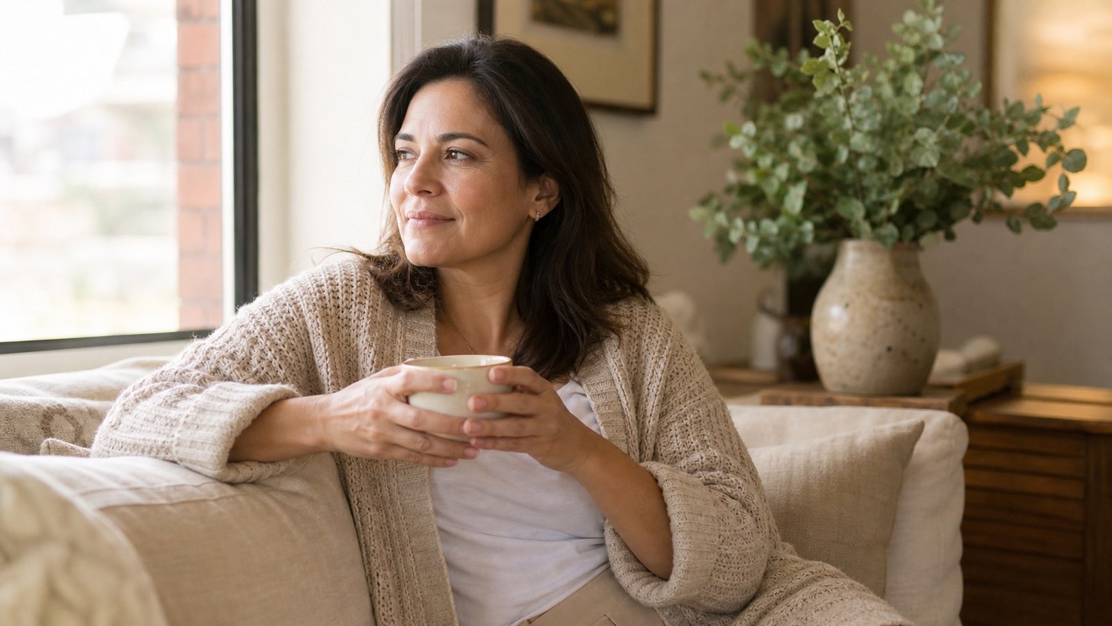 Mujer haciendo una pausa con una taza junto a una ventana.