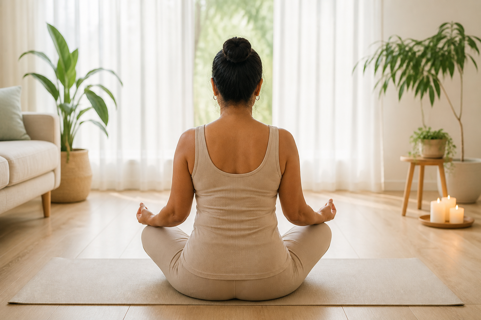 Mujer meditando en un espacio luminoso y tranquilo