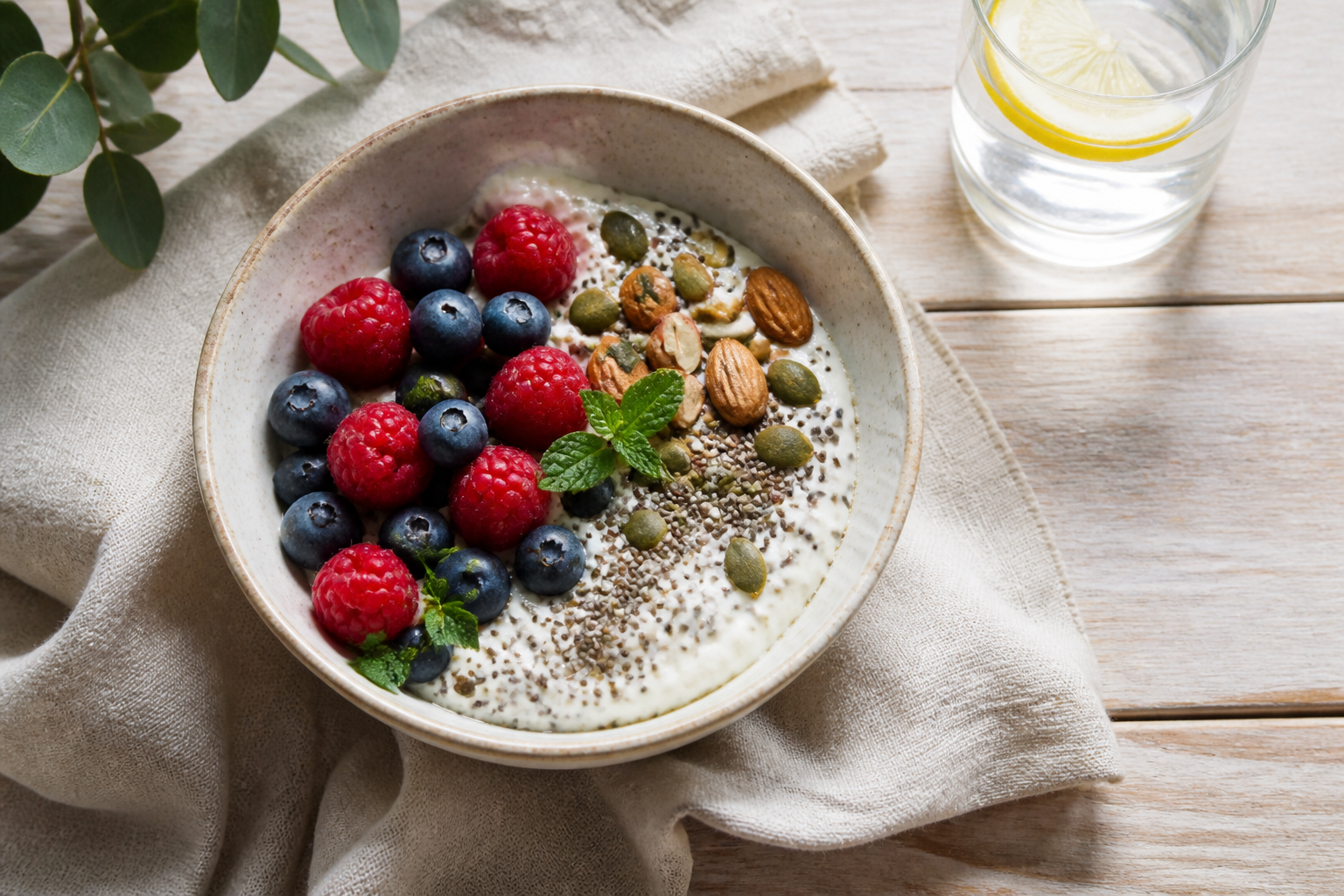 Desayuno nutritivo con frutos rojos, semillas y frutos secos