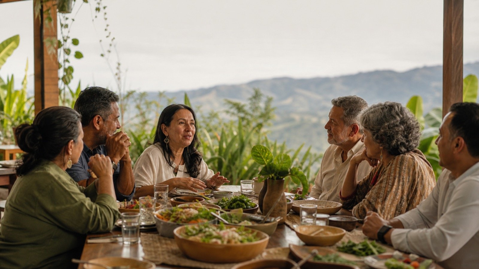 Personas adultas compartiendo una comida y una conversación en un entorno natural.