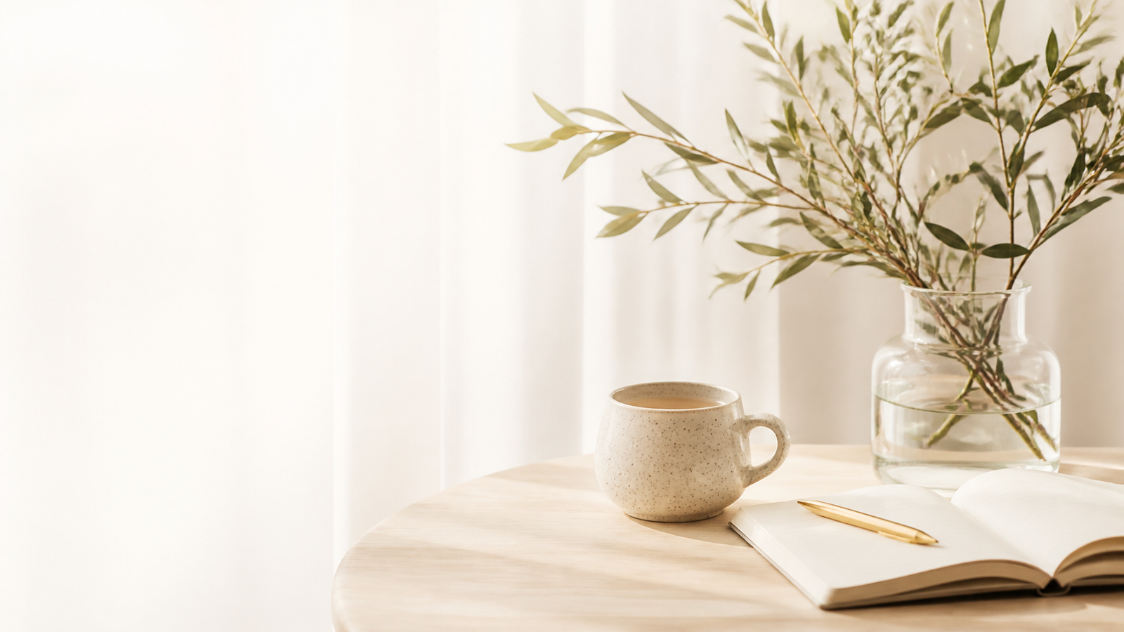 Taza, libreta y ramas verdes en un espacio luminoso