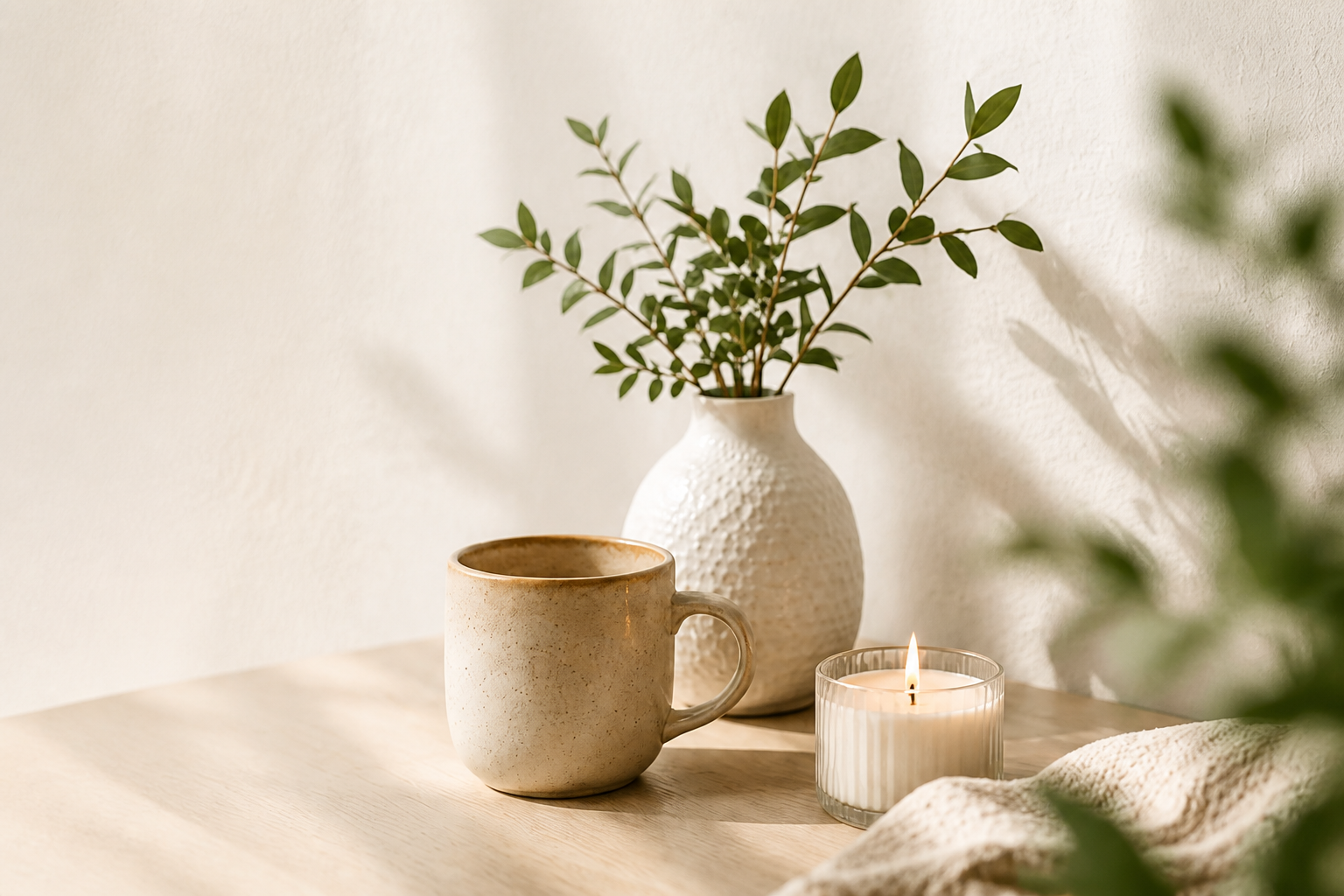 Ramas verdes, una taza y una vela en un ambiente cálido y sereno