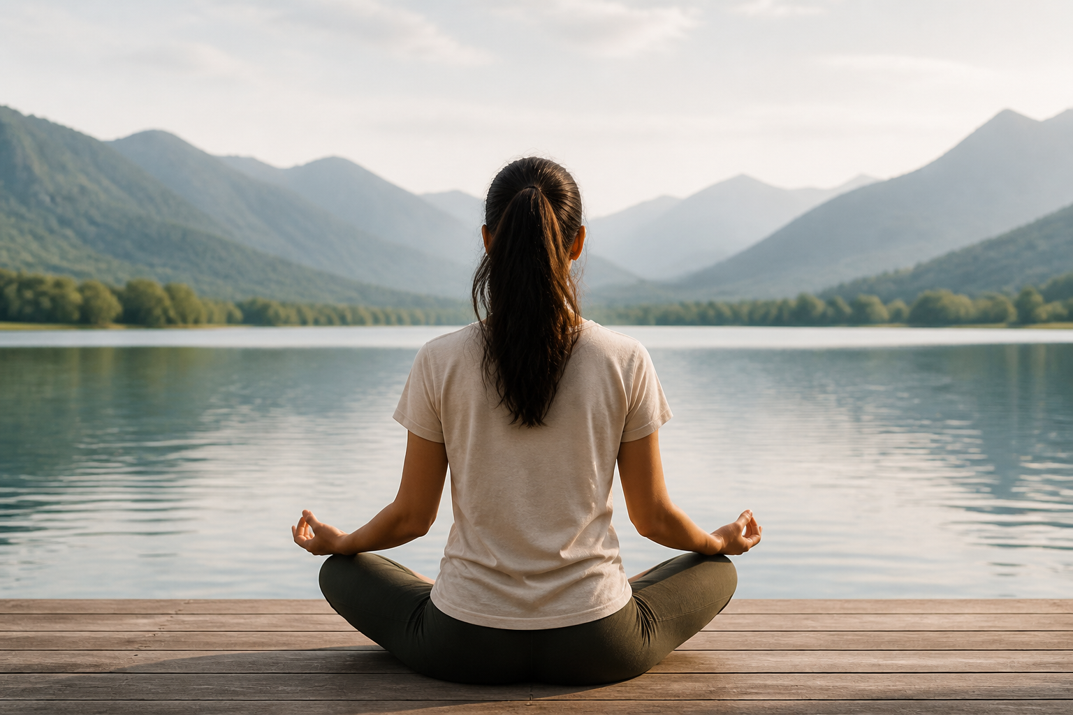 Mujer meditando frente a un lago y montañas