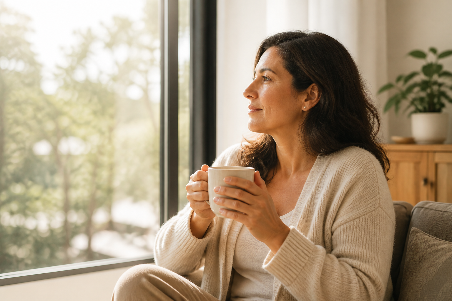 Mujer adulta disfrutando una pausa tranquila con una taza junto a una ventana.