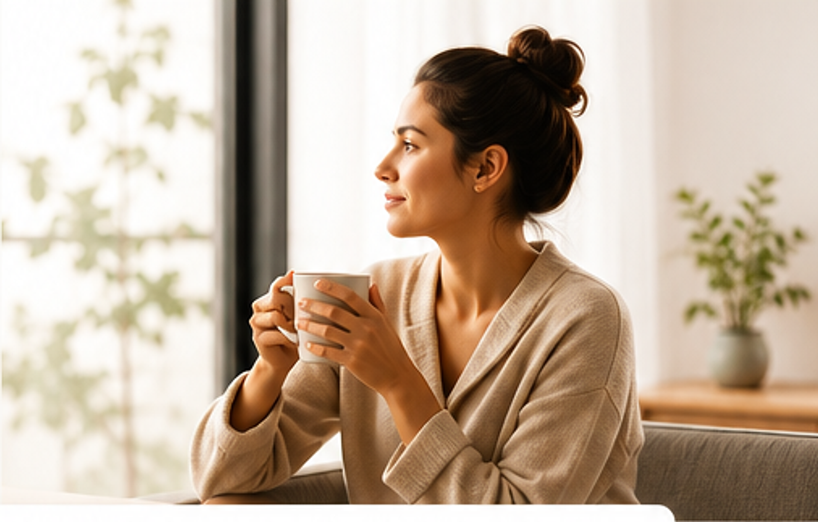 Mujer haciendo una pausa tranquila con una taza junto a una ventana.